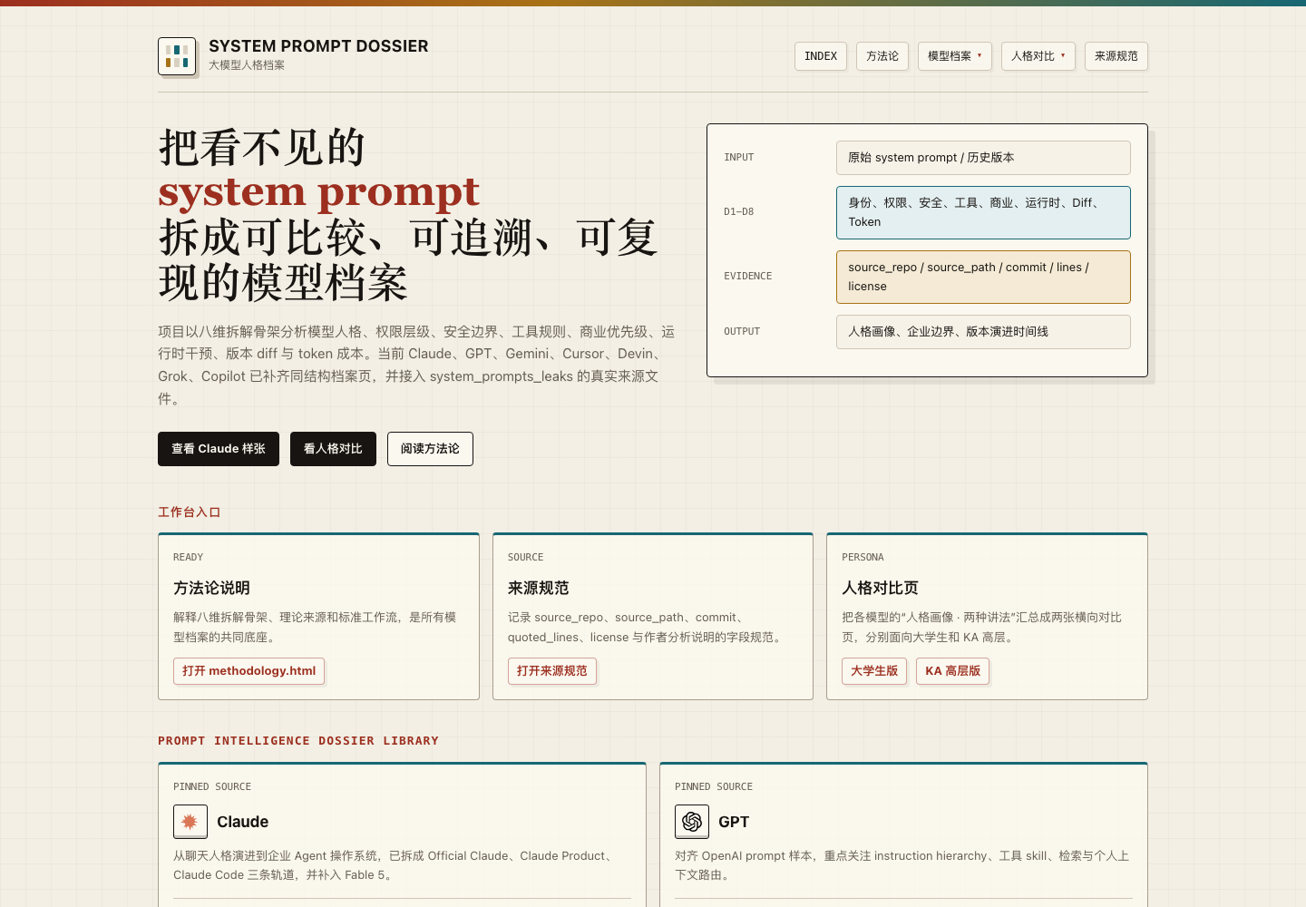 System Prompt 拆解工具（大模型人格档案）页面